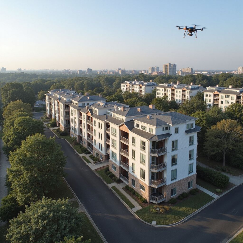 Drone survolant un complexe d'appartements, capturant une vue aérienne ; journée ensoleillée avec l'horizon au loin.