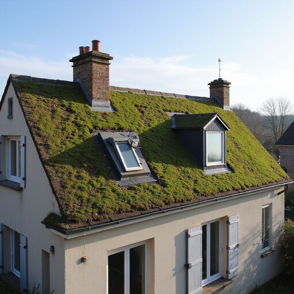 Maison au toit vert recouvert de mousse, aux cheminées en briques et aux lucarnes, se détachant sur un ciel bleu.