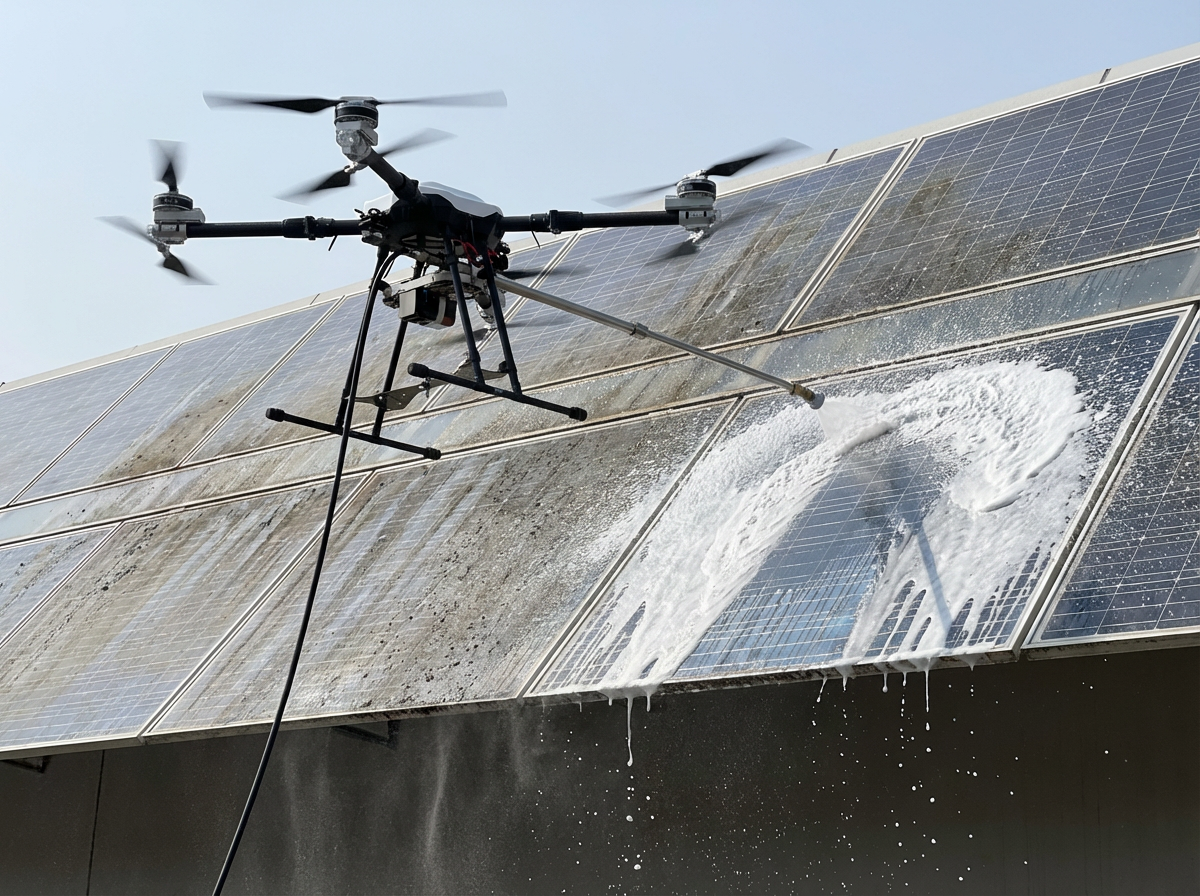Un drone pulvérise de l'eau sur des panneaux solaires, le tout sur fond de ciel bleu.
