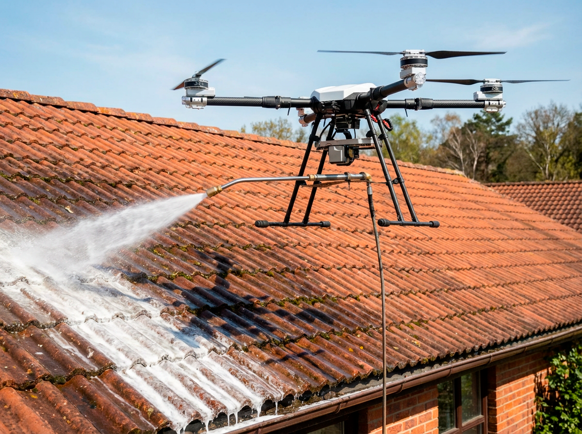 Un drone pulvérise des eaux sur un toit de tuiles, nettoyant les algues, en plein jour.
