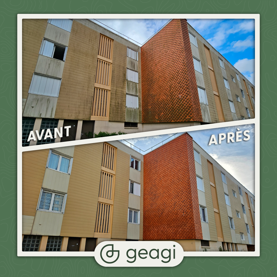 Photos avant et après rénovation extérieure du bâtiment. Bâtiment de couleur beige et orange, ciel bleu.