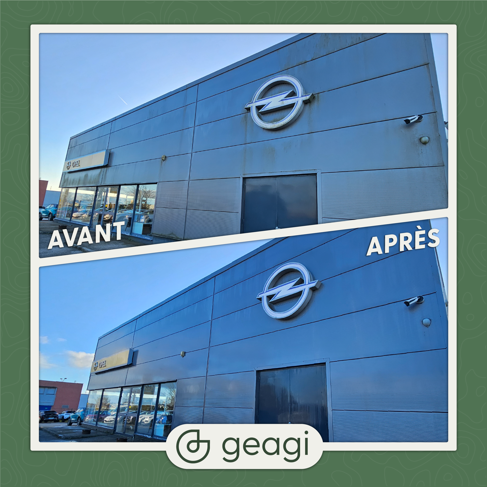 Comparaison de la façade d'une concession Opel avant et après nettoyage.