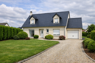 Immeuble de bureaux moderne blanc avec de grandes baies vitrées reflétant les arbres et le ciel bleu.