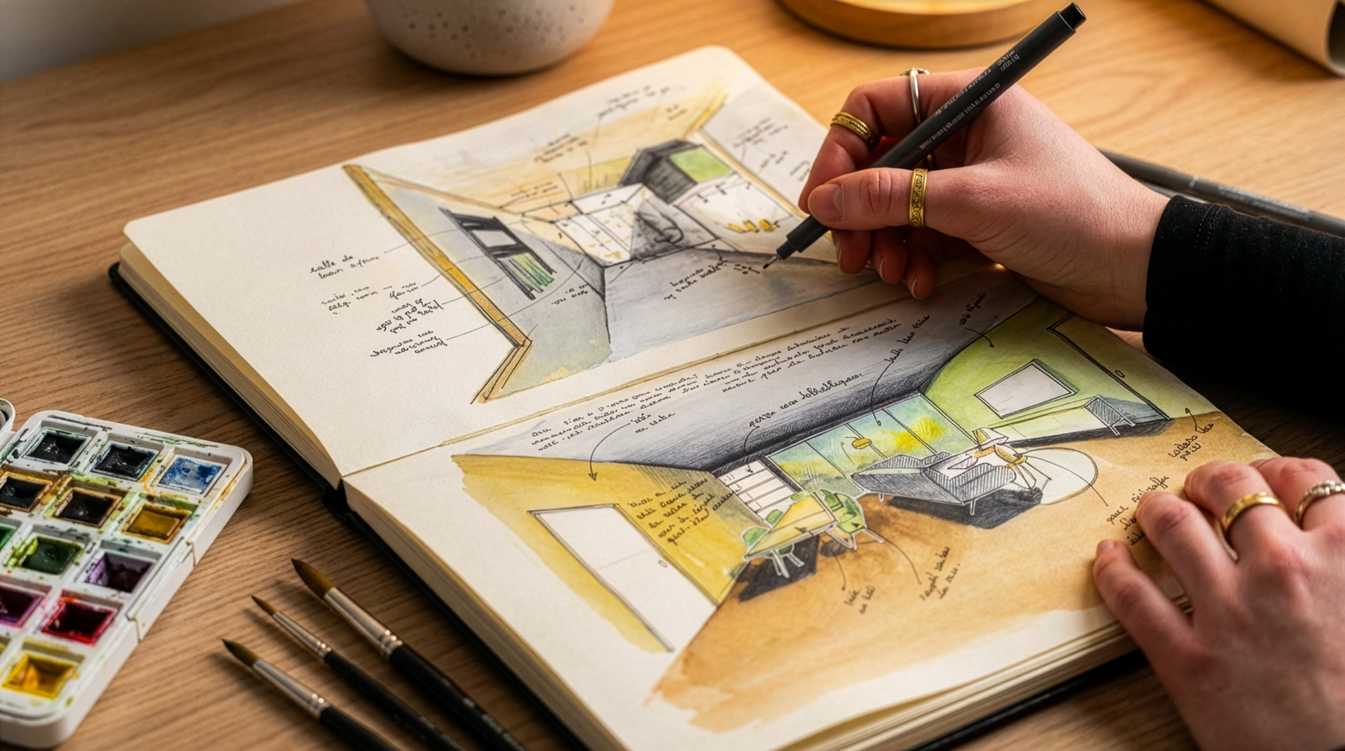 Une personne dessine des concepts de design d'intérieur dans un carnet, avec une palette d'aquarelle et des pinceaux