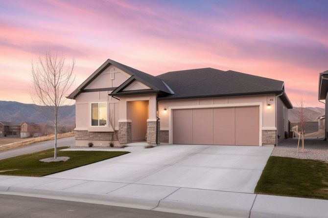 Suburban house with two-car garage and a lit front porch at sunset