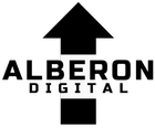 A black and white logo for alberon digital with an arrow pointing up.
