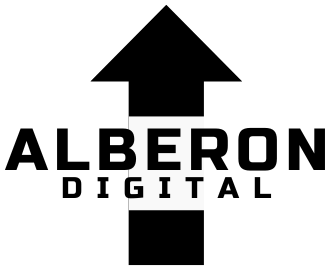 A black and white logo for alberon digital with an arrow pointing up.