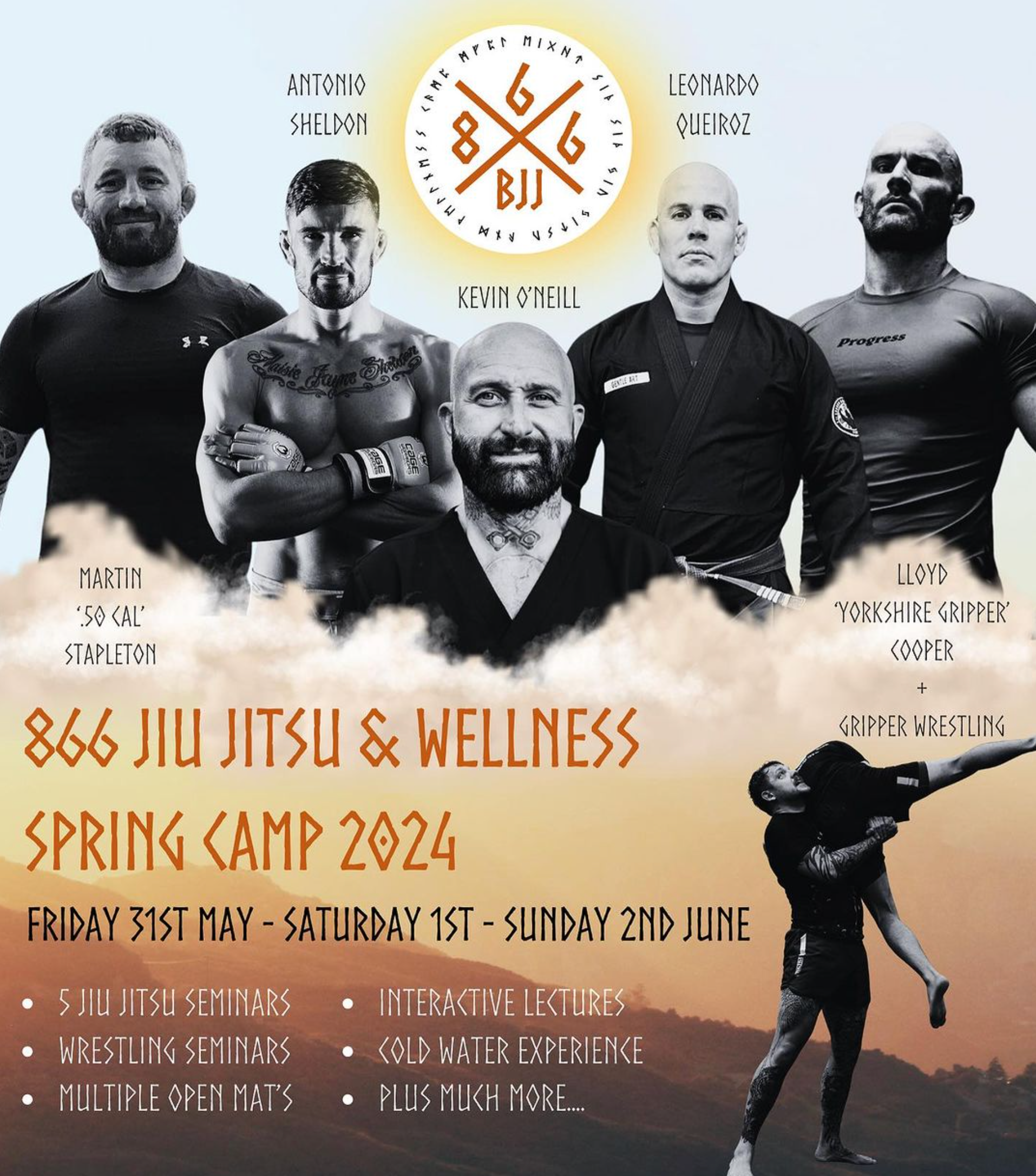 a poster for a jiu jitsu and wellness spring camp .