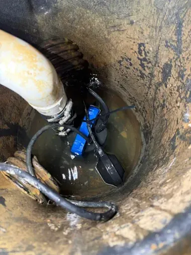 A submersible sump pump with a blue housing and a black float switch sitting in a basin containing shallow water.