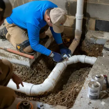 A worker in a blue shirt kneels in an excavated trench, joining white PVC plumbing pipes together.