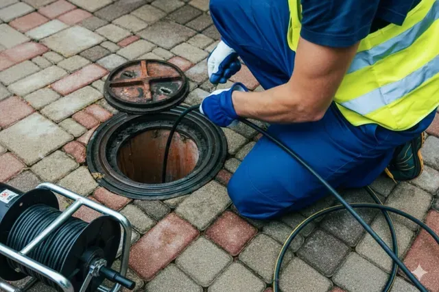 A worker wearing a yellow safety vest feeds a drain inspection camera cable into an open sewer manhole.
