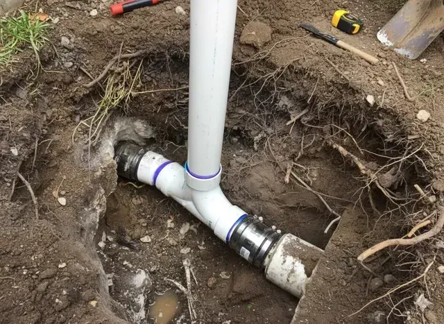 A white PVC wye fitting connects a vertical pipe to a horizontal sewer line in an excavated dirt trench.