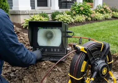 A technician uses a sewer inspection camera to view the interior of an underground pipe on a residential lawn.