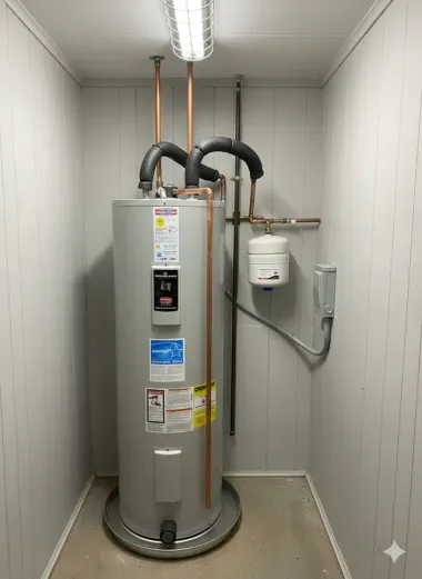 A gray water heater with copper piping and a small expansion tank installed in a light-colored, utility closet space.