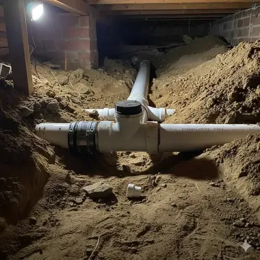 A white PVC sewer cleanout assembly with a black cap installed in a dirt crawl space beneath a wooden floor structure.