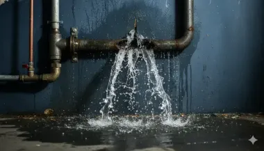 Water forcefully spraying from a ruptured pipe against a dark wall, creating a puddle on the floor.