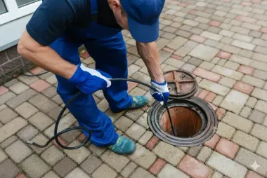 A technician in blue workwear uses a drain snake to clear a manhole cover on a paved patio.