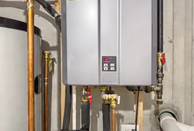 A wall-mounted tankless water heater with a digital display panel, surrounded by plumbing pipes against a concrete wall.
