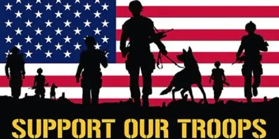 Silhouette of troops and dog in front of American flag; text reads