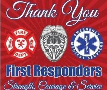 Thank you card for first responders with fire, police, and medical symbols on a red background.