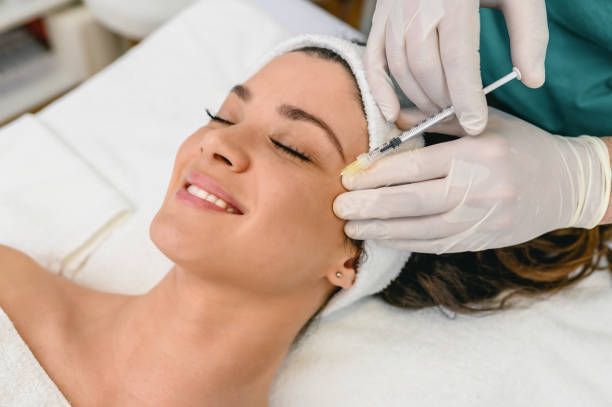Woman receiving facial injection; doctor in gloves injecting. Indoors.