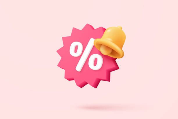 Pink sale tag with a percentage sign and a golden bell.