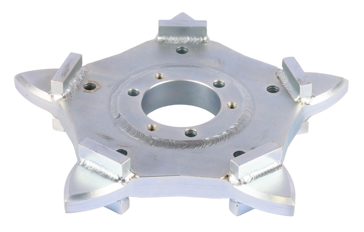 A metal, star-shaped tool with a central hole and five protruding blade-like features. carwash roller