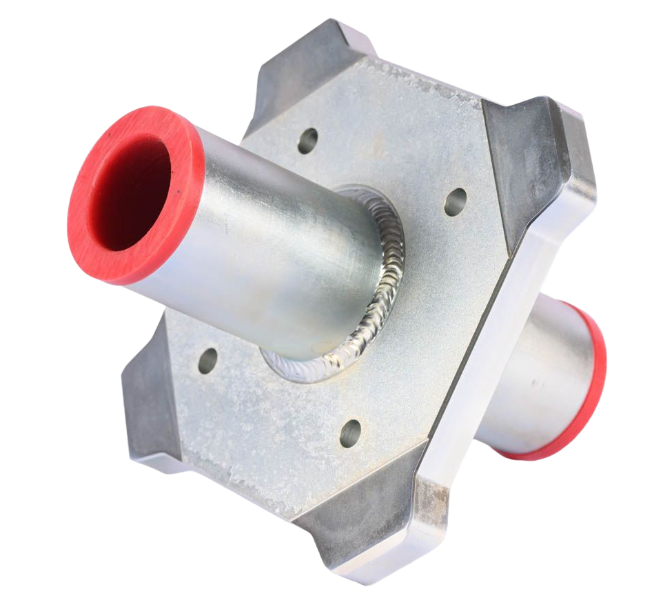 Silver metal component with two red-capped tubes, four mounting holes, and a welded joint. carwash roller