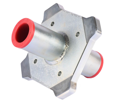 Silver metal component with two red-capped tubes, four mounting holes, and a welded joint. carwash roller