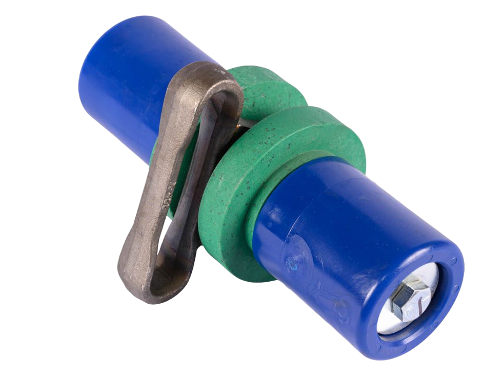 Blue cylinder with green washer and metal clip, secured with a screw. carwash roller