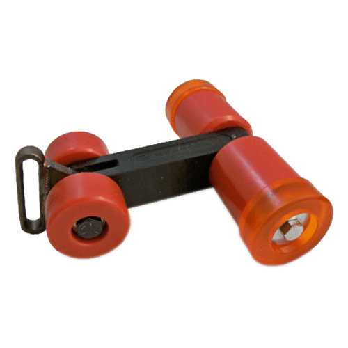 Red and black hardware component with wheels and cylindrical pieces. carwash roller