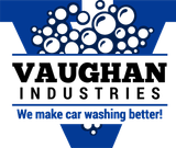 Vaughan Industries logo: black text, blue background, car wash bubbles, tagline 