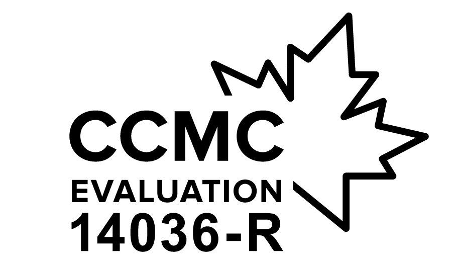 A black and white logo for ccmc evaluation 14036 r with a maple leaf.