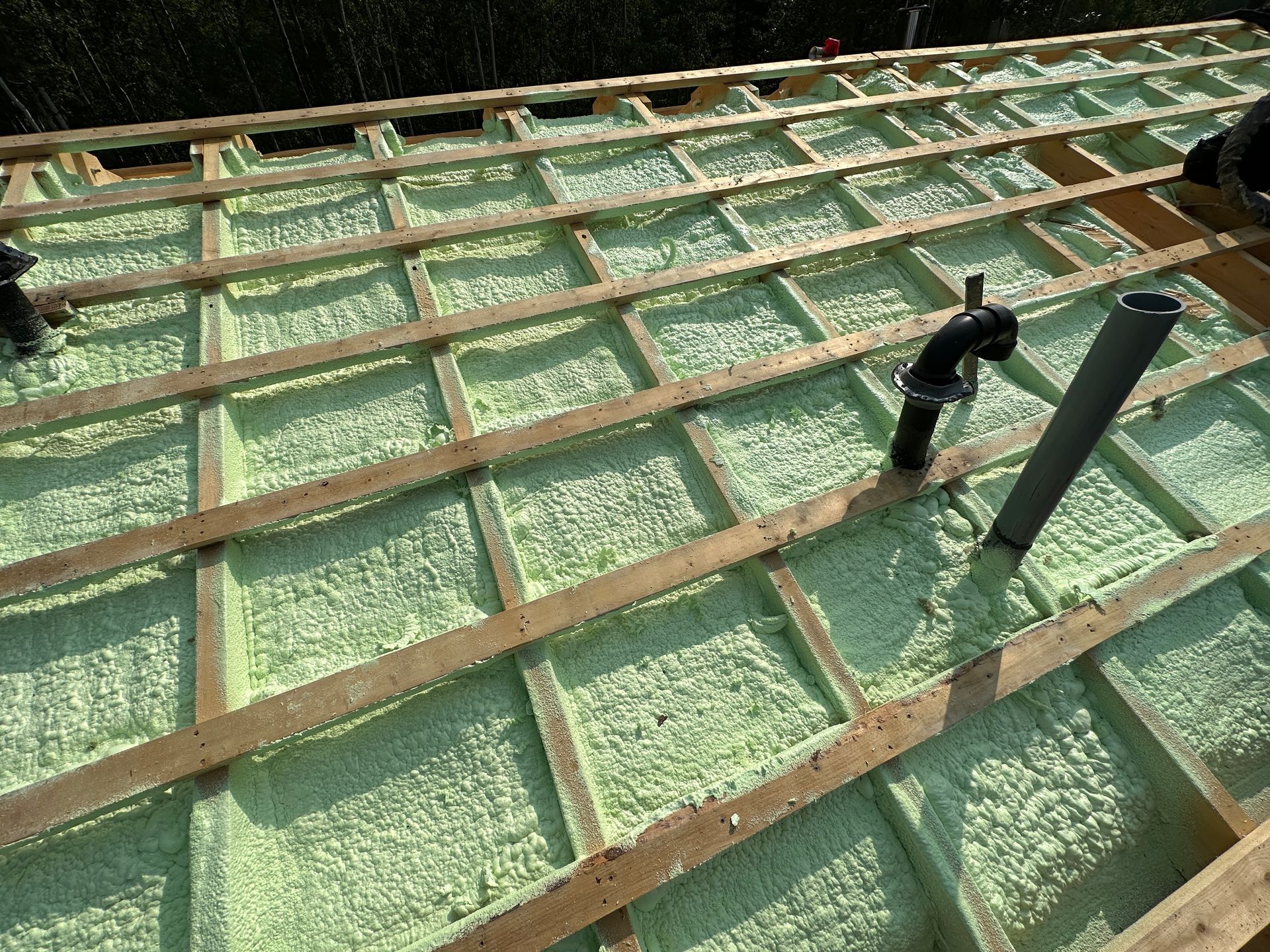 A roof with a lot of green foam on it.
