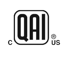A black and white logo for qai us on a white background.