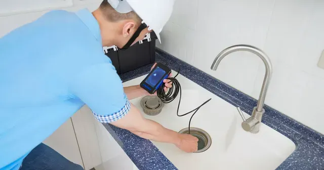 An Asian male home inspector is using an endoscope inspection camera to check the kitchen tube.