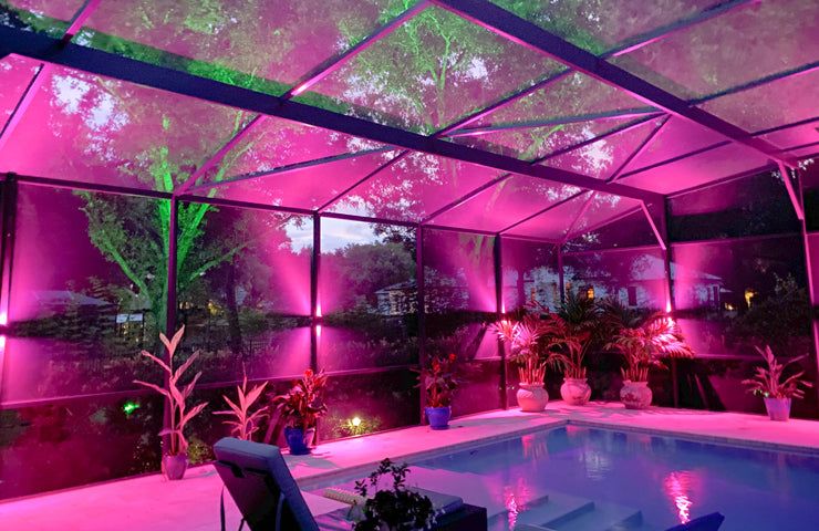 A swimming pool is lit up with purple and green lights.