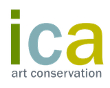 The logo for the ica art conservation is green and blue.