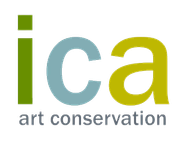 The logo for the ica art conservation is green and blue.