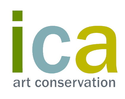 The logo for the ica art conservation is green and blue.