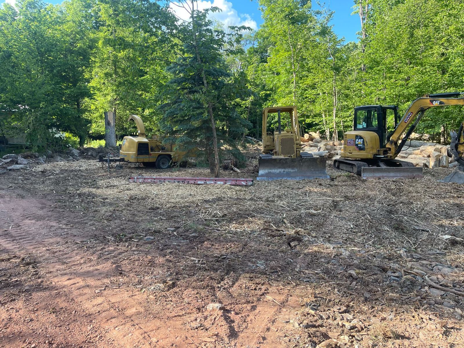 Two bulldozers are parked in a dirt field surrounded by trees.
