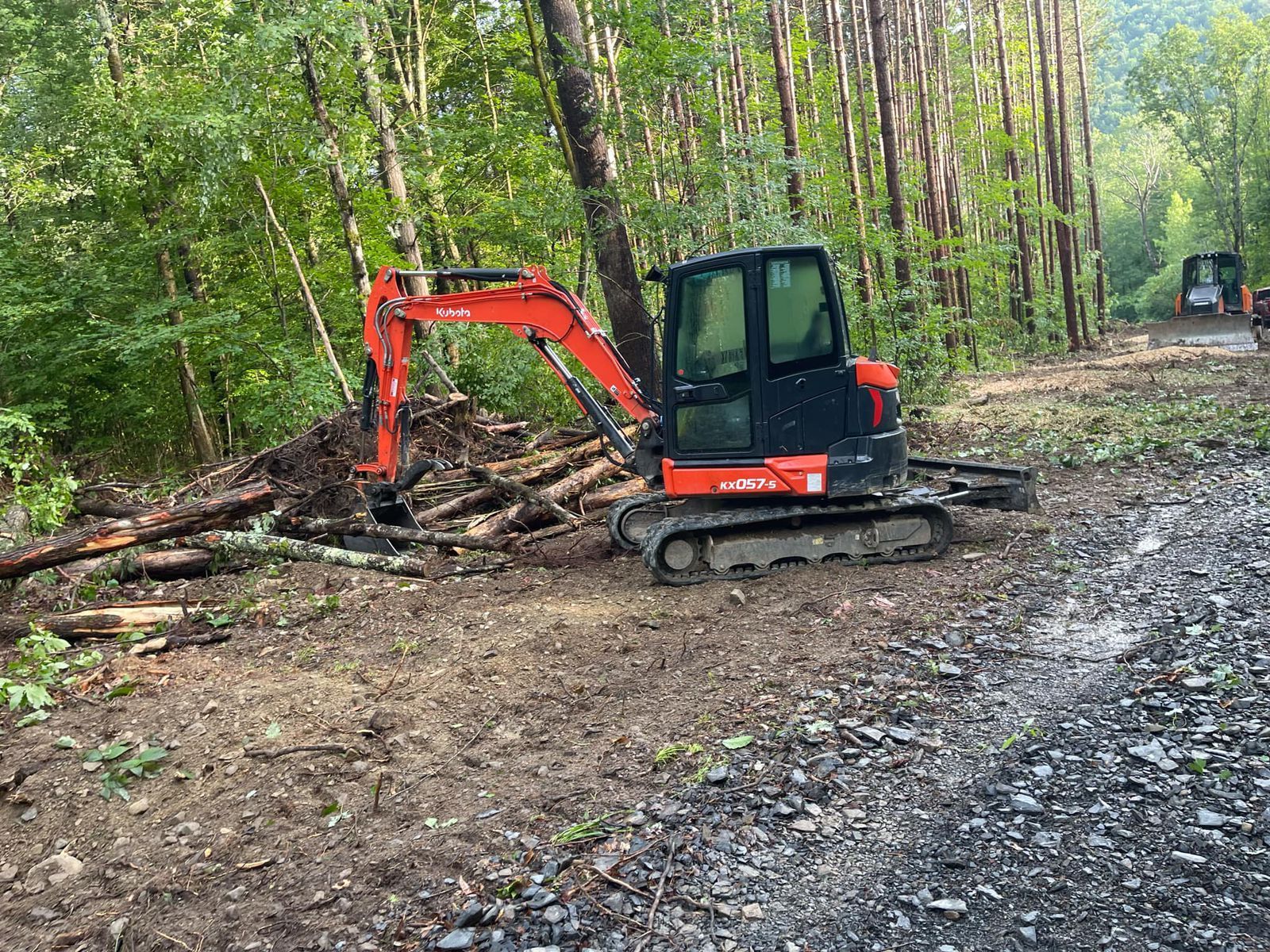 A red and black excavator is sitting in the middle of a forest.