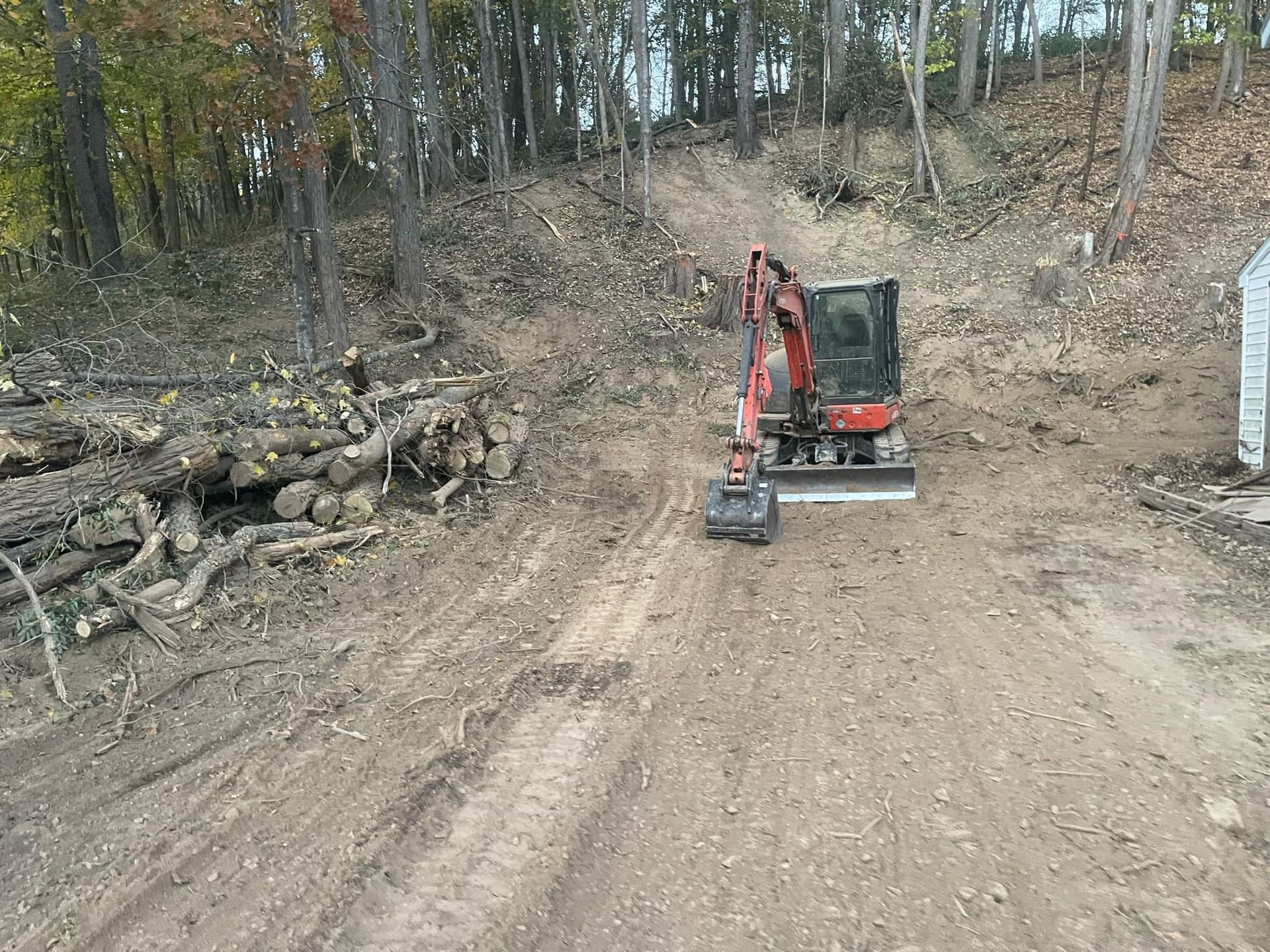 An excavator is driving down a dirt road in the woods.