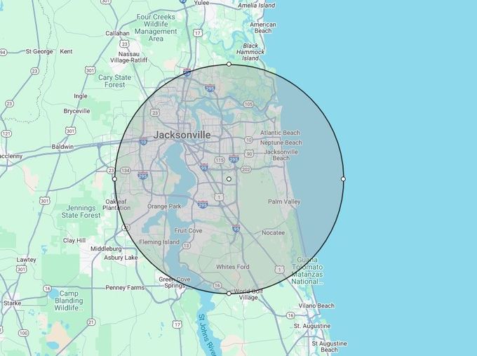A map of jacksonville florida with a circle around it. A map of jacksonville florida with a circle around it.
