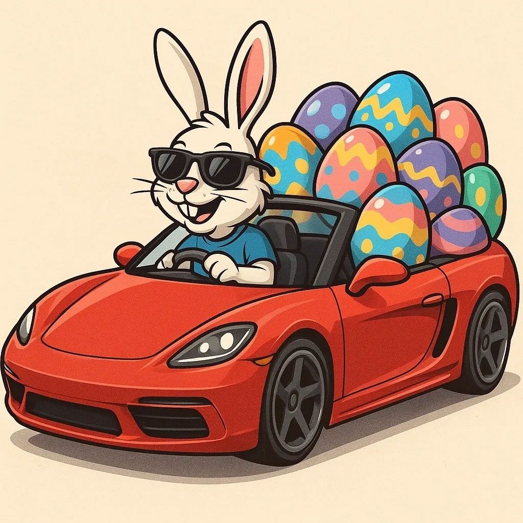 A bunny is driving a red sports car filled with easter eggs.