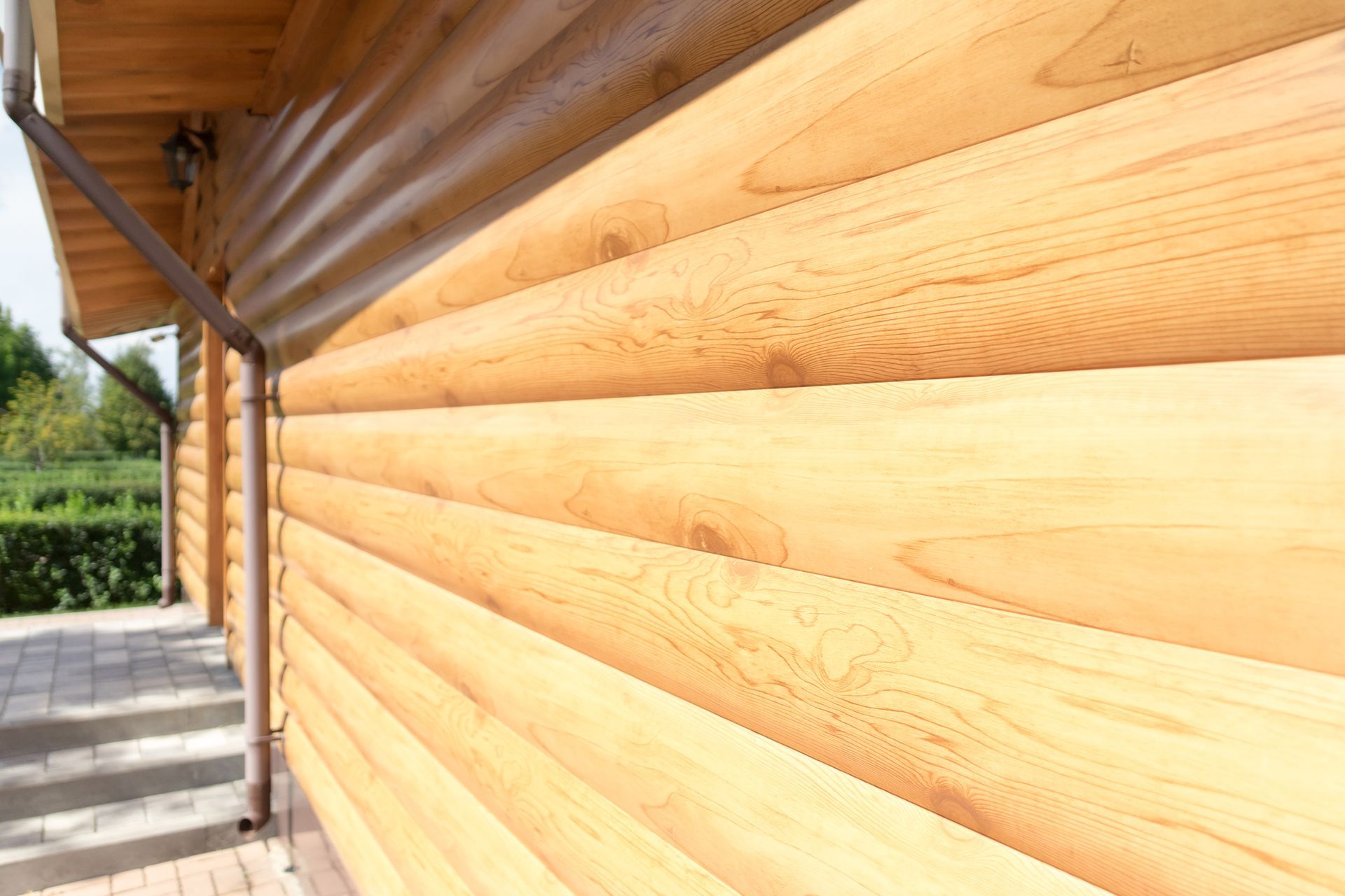 A close up of a wooden wall of a house with a drainpipe.