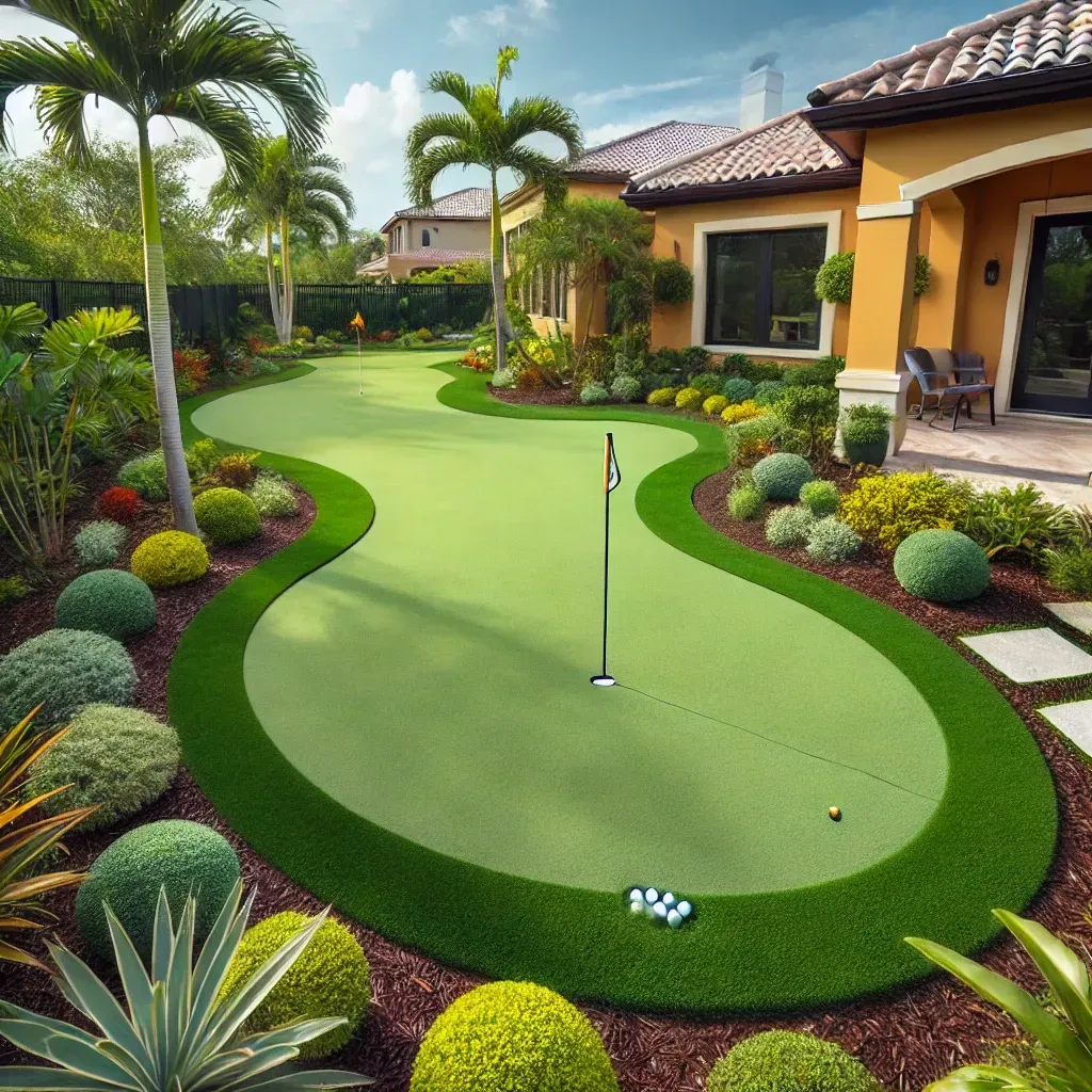 Beautiful backyard putting green with palm trees in Naples, FL, installed by Bella Lawn Maintenance.