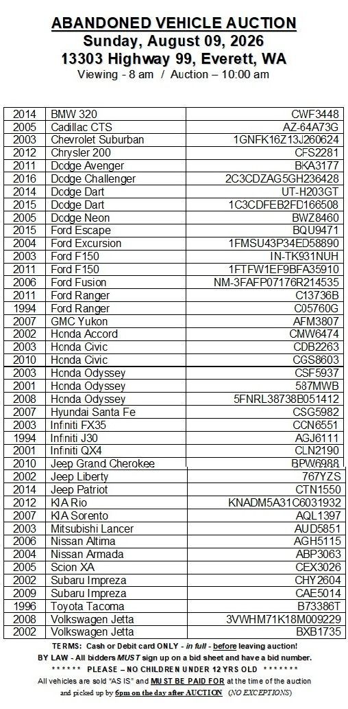 Abandoned vehicle auction notice with dense black text listing vehicles, dates, and details on a white page.