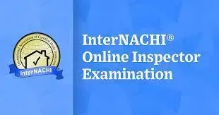 The logo for the internachi online inspector examination is on a blue background.