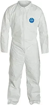A white coverall with long sleeves and a blue logo on it.